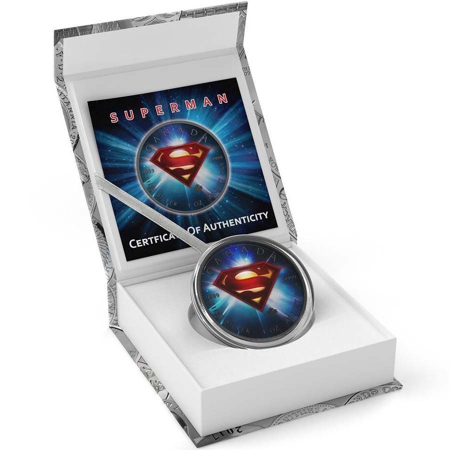 Canada SUPERMAN SPACE Canadian Maple Leaf $5 Silver Coin 2016 High relief of S-logo Ruthenium plated 1 oz